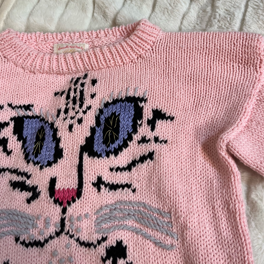 Handmade Girls 10/12 Pink Purple Kitty Cat Girlhood Spring Fall School Sweater